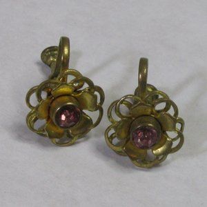 Copper/Purple Color Flower Vintage Screw On Earrings Maybe Early to Mid-Century